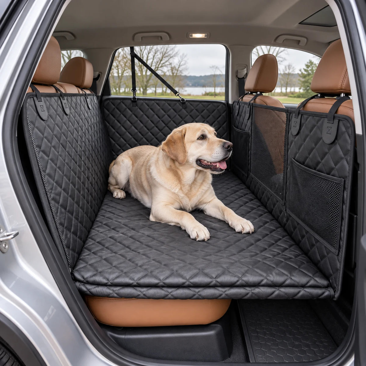 Yellow Labrador resting on a black quilted hard-bottom car hammock
