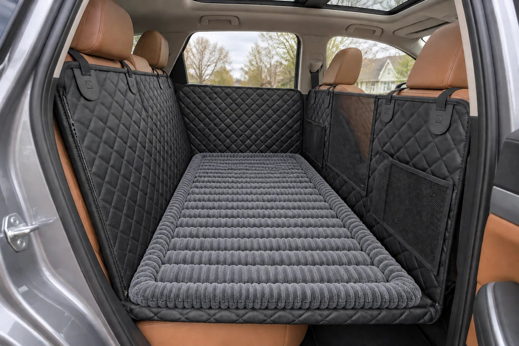 Grey ribbed comfort pad laid flat on a rear-seat hammock