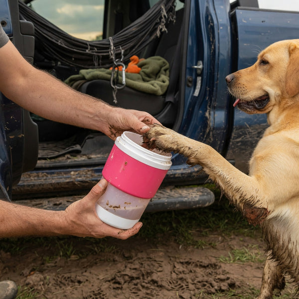 Washing muddy paws before the dog jumps into the truck