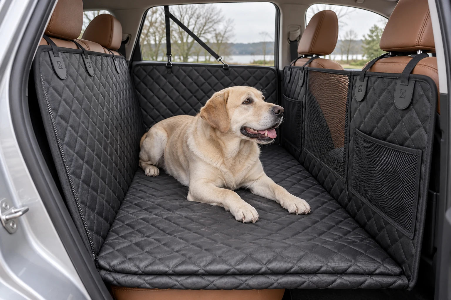Yellow Labrador resting on a black quilted hammock in a parked SUV