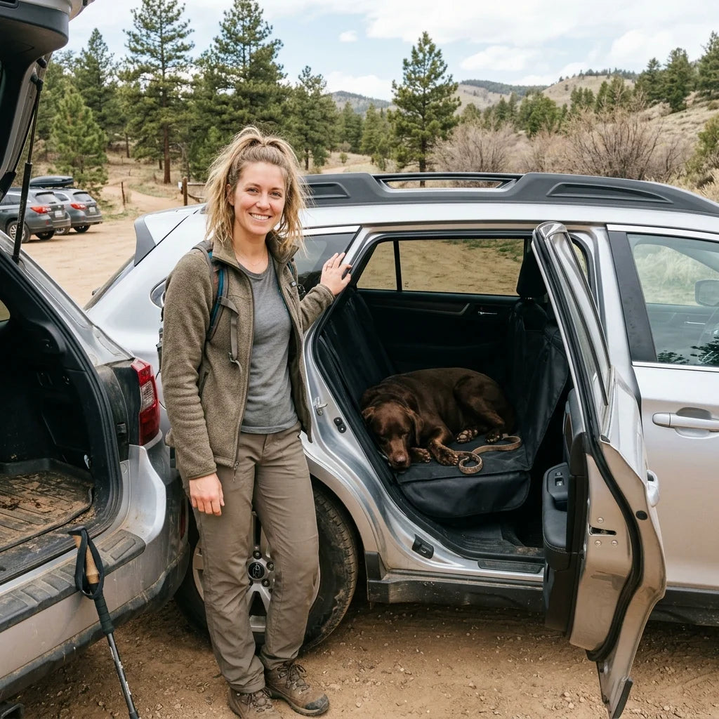 Sarah T. with her Chocolate Lab in Subaru Outback